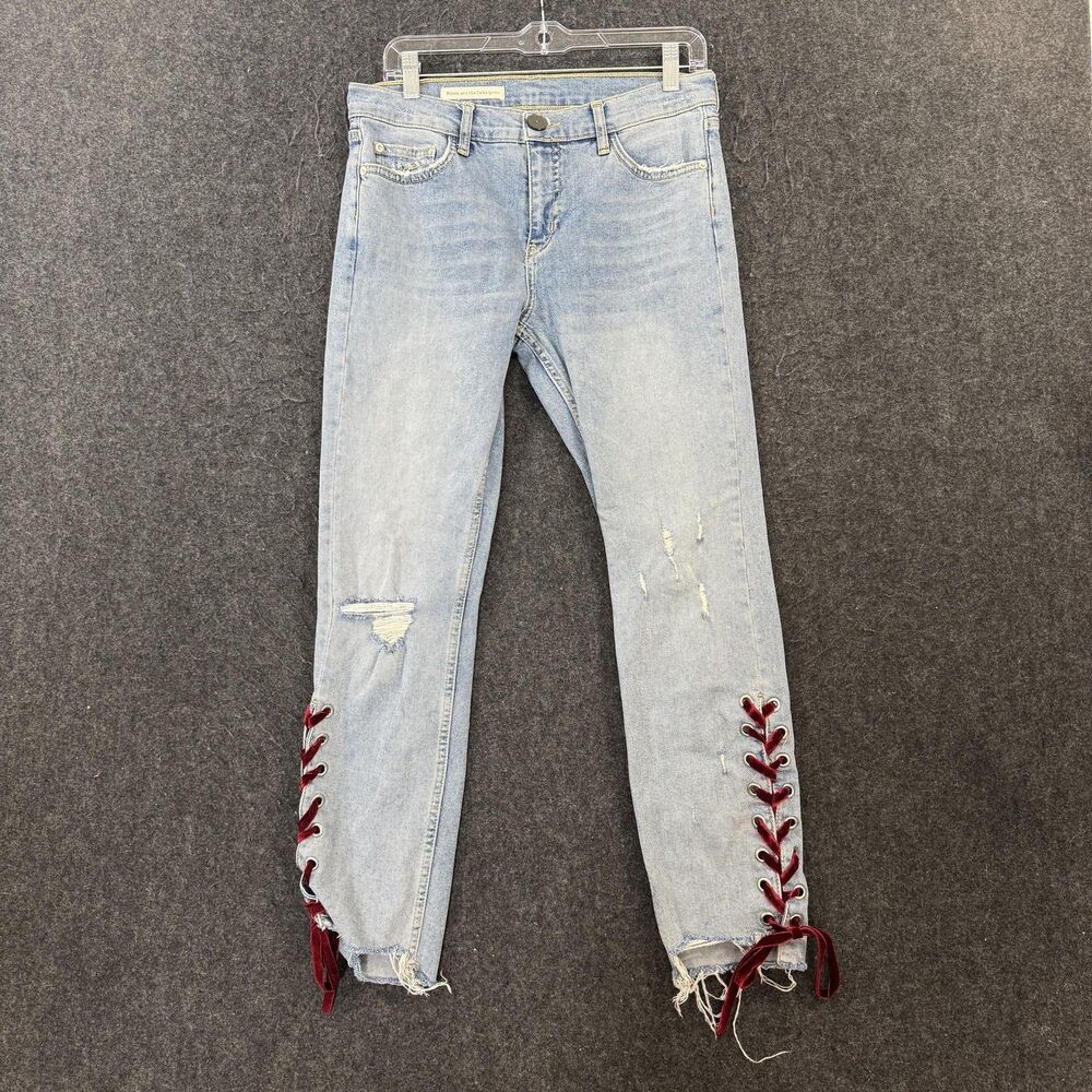 Pilcro And The Letterpress Slim Straight Jeans Women's 31 Blue Lace Up Velvet